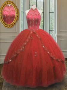 Los vestidos de bola maravillosos vestido del quinceanera vino rojo halter superior Tulle longitud sin mangas del piso atan para arriba