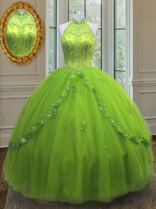 El verde amarillo atan para arriba los vestidos de la quinceañera que rebordean y appliques longitud sin mangas del piso
