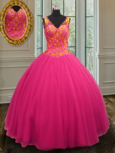 Fantástico cóctel de cremallera de cuello en V de color rosa que rebordea vestido de baile vestido sin mangas