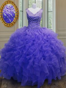 Vestidos de bola púrpuras perfectos que rebordean y ruffles los vestidos de quinceanera zipper la longitud sin mangas del piso del organza