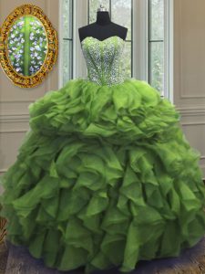 El organza verde fabuloso ata para arriba dulce 16 vestidos longitud sin mangas del piso que rebordea y ruffles