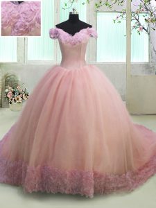 Ajuste del hombro con los vestidos de bola del tren las mangas cortas vestido de bola rosado vestido de baile tribunal tren ata para arriba