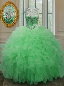 Los vestidos de bola verdes hermosos cubren la longitud sin mangas del piso del organza atan para arriba el rebordear y el vestido de quinceanera de las colmenas
