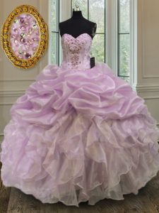 Los vestidos de bola más vendidos de la lila que rebordean y rizan el vestido dulce 16 atan para arriba la longitud sin mangas del piso del organza