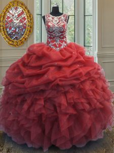Beauteous rojo coral bola vestidos organza cucharada sin mangas rebordear y volantes y recoger la longitud del piso hasta encaje hasta los vestidos de bola de membrillo