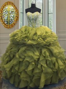 Longitud sin mangas del piso del vestido del quinceanera del dulce 16 por encargo que rebordea y ruffles organza verde oliva