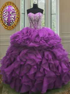 El rebordear popular y ruffles la púrpura del vestido del 15to cumpleaños atan para arriba longitud sin mangas del piso