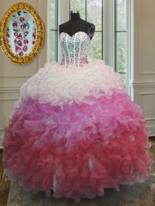 Vestido de quinceañera de los vestidos de bola cómodos multicolora de la longitud sin mangas del piso del organza del amor cordón para arriba