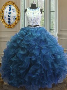 Glamorous cuchara piso longitud bola vestidos sin mangas de color azul vestido de baile vestido de fiesta f