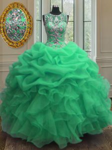 Beauteous cucharada verde vestido de bola rebordear y volantes vestido quinceanera encaje hasta organza longitud sin mangas piso