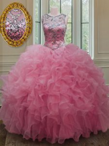 La cucharada asombrosa subió los vestidos de bola rosados ​​que rebordean y rizan el vestido dulce del quinceanera 16 atan para arriba la longitud sin mangas del piso del organza