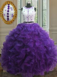 Cuello apropiado manija cucharada sin mangas de vestido de baile vestido de fiesta vestido de longitud apliques púrpura organza