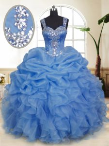Preciosa recogida de los vestidos de baile quinceanera vestidos azules correas organza sin mangas de la longitud del piso cremallera