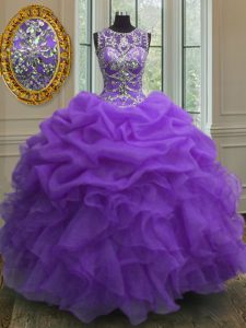 Scoop púrpura encaje hasta 15 vestido de quinceanera rebordear y volantes y recoger la longitud del piso sin mangas