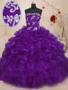 Glamorous piso longitud púrpura vestidos de quinceanera organza sin mangas rebordear y apliques y volantes