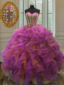 Diseñador multicolor encaje hasta 15 vestido de quinceañera perla y volantes longitud sin mangas del piso