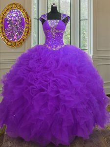 Lentejuelas longitud del piso púrpura dulce 16 vestidos correas mangas del casquillo ata para arriba