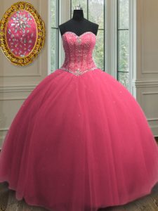 Los vestidos de bola de la longitud del piso de las lentejuelas los vestidos de bola sin mangas del quince del color de rosa caliente atan para arriba