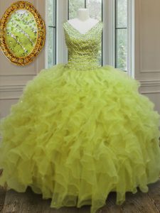 Longitud del piso amarillo verde dulce 16 vestido v-cuello sin mangas cremallera