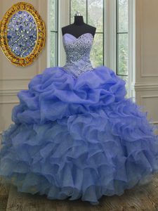Elegante organza azul ata hasta dulce 16 vestido de longitud sin mangas de piso perlas y volantes y pick ups