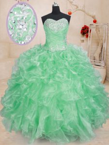 Verde manzana sin mangas rebordear y volantes y recoger el vestido de quinceanera longitud de piso