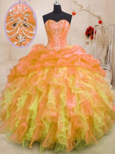 Los vestidos de bola dulce 16 vestido del quinceanera multicolor de la longitud sin mangas del piso del organza del amor atan para arriba