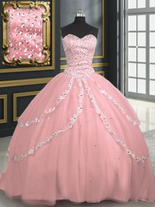 Vestido de quinceañera de dulce dulce sin mangas de moda 16 con cepillo tren de cuentas y apliques de tul rosa