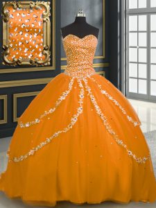 El amor anaranjado apto de encargo ata para arriba el rebordear y appliques el vestido de bola vestido del baile de fin de curso cepillo tren sin mangas