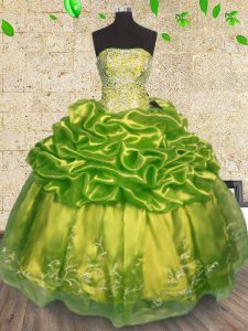 El Organza verde oliva superventas ata para arriba la longitud sin mangas del piso sin mangas 15to vestido del cumpleaños que rebordea y borda