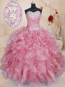 Los vestidos de bola rosados ​​que rebordean y ruffles los vestidos de bola del membrillo atan para arriba la longitud sin mangas del piso del organza