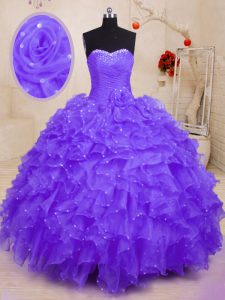 Longitud sin mangas del piso del organza atan para arriba vestido del baile de fin de curso del vestido de bola en púrpura con rebordear y volantes y flor hecha a mano