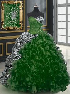 El tren decente del cepillo sin mangas del amor ata para arriba el vestido de quinceanera organza verde oscuro e impreso