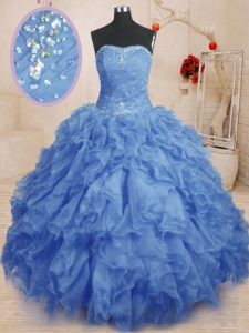 Organza azul hasta el vestido sin mangas de la longitud del piso sin mangas del vestido de quinceanera que rebordea y ruffles y ruching