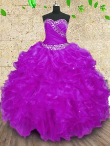Encantador halter top púrpura ata hasta vestido de quinceanera perlas y volantes y ruching longitud del piso sin mangas