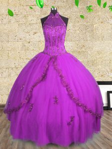 Los vestidos de bola púrpuras más populares del halter que rebordean los vestidos del quinceanera atan para arriba la longitud sin mangas del piso de Tulle