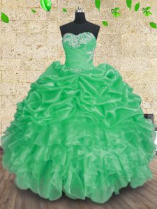De lujo verde sin mangas de longitud del piso rebordear y apliques y volantes y arrugas hasta encaje dulce 16 vestido