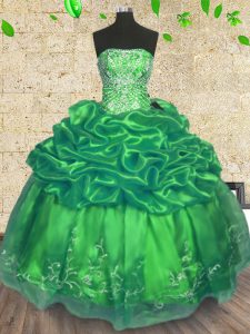 El organza verde dramático ata para arriba la longitud sin mangas del piso sin mangas dulce 16 vestidos rebordeando y bordando
