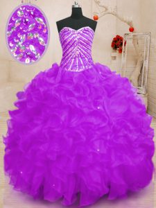 Longitud sin mangas del piso del organza del amor púrpura del vestido del dulce 16 de los vestidos de bola de los cequis ata para arriba