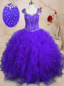 Lentejuelas vestido de baile vestido de fiesta púrpura cuadrado tulle tapas manga longitud del piso hasta