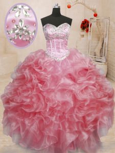 El cordón sin mangas sofisticado del organza atan para arriba el vestido del baile de fin de curso del vestido de bola que rebordea en color de rosa del bebé