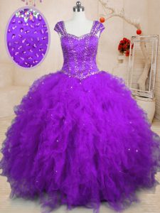 Los vestidos de bola púrpuras del ajuste de encargo encajonan las mangas del casquillo del cuadrado la longitud del piso de Tulle atan para arriba el rebordear y las colmenas 16 vestidos dulces