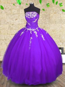 Púrpura ata para arriba los vestidos de quinceanera appliques y arrugar longitud sin mangas del piso