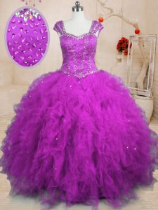 Los vestidos de bola dulce 16 vestido del quinceanera morral púrpura cuadrado mangas del casquillo longitud del piso atan para arriba
