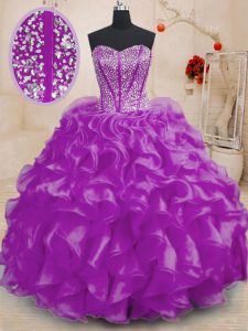 Púrpura ata para arriba el vestido del quinceanera que rebordea y ruffles la longitud sin mangas del piso