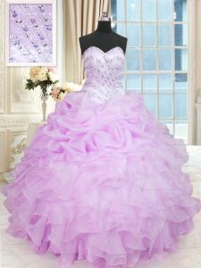 La longitud del piso sin mangas accesible del organza atan para arriba dulce 16 vestidos en lila con rebordear y volantes