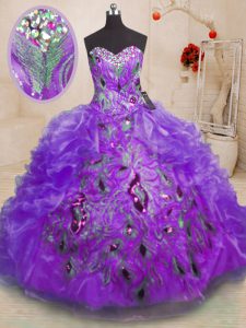 Vestido púrpura vendedor caliente del organza del vestido de los vestidos de bola sin mangas que rebordea y appliques y volantes vestido de la quinceanera de la cremallera de la longitud del piso