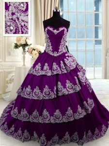 De lujo de encaje púrpura cariño rebordear y apliques y capas de dulces dulce 16 vestido de quinceanera tafetán sin mangas tren de la corte