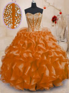 Custom diseñado naranja longitud sin mangas piso rebordear y volantes de encaje hasta dulce 16 vestidos