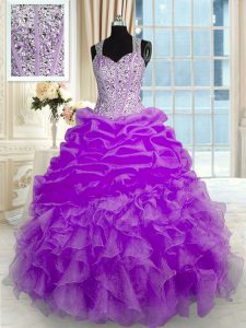 Gloriosa longitud del piso sin mangas perlas y volantes cremallera 15 vestido de quinceañera con lila
