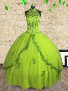 El halter con estilo sin mangas de la longitud sin mangas del piso que rebordea ata para arriba los vestidos de bola del quince con verde amarillo